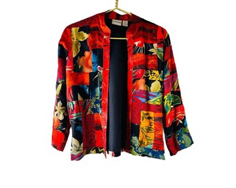 May include: A red, black, and green patterned jacket with a long sleeve and a collar. The jacket is made of a silky material and has a patchwork design.