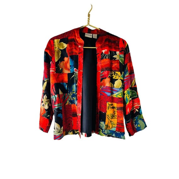 90s Womens Small Silk Rainbow Patchwork Jacket Bl… - image 1