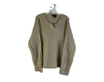 90er Jahre Damen Wolle Mischung Zopfmuster Baggy Henley Pullover Grunge, Damen Strickpullover, Vintage Henley Pullover, Grunge Pullover