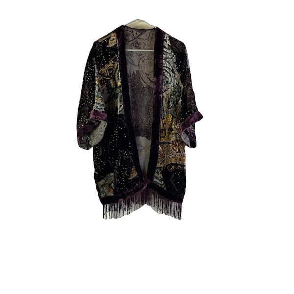 Y2K Boho Grunge Fringe Burnout Kimono Jacket Womens One Size, Womens Fringe Kimono, Vintage Burnout Kimono, Patchwork Robe, Boho Kimono