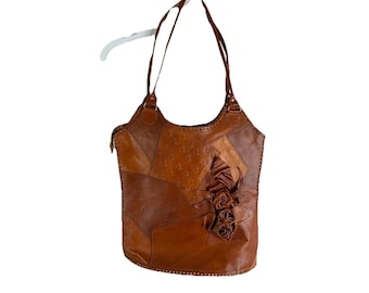 Années 80 en cuir patchwork floral appliqué Hobo sac à main sac Boho Western, sac hobo vintage, sac à main en cuir pour femme, sac à main patchwork
