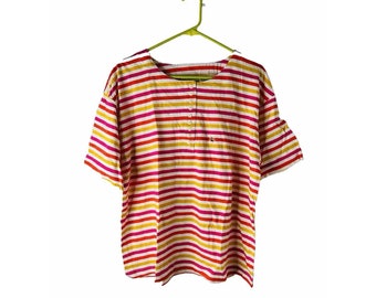 80s Womens Large Rainbow Stripe Baggy Henley T Shirt Preppy Streetwear, Womens Striped Blouse, Vintage Henley Shirt, Baggy T Shirt