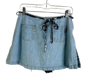 90s Womens 12 Floral Lined Denim Jean Mini Skort Wrap Skirt Grunge, Womens Mini Skirt, Vintage Denim Skort, Wrap Skirt