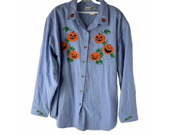 NOS 90s Womens 3XL 24W Halloween Pumpkins Jackolantern Button Shirt, Halloween Button Shirt, Womens Pumpkin Stitched Button Shirt