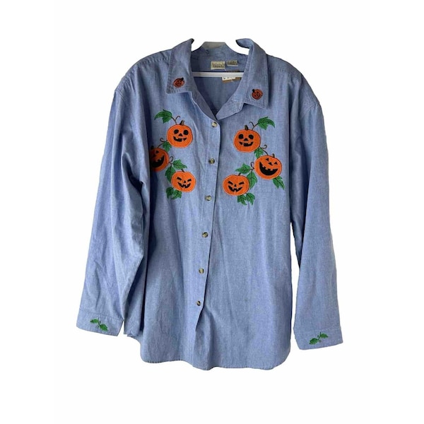 Camisa feminina com botão Jackolantern de abóboras de Halloween 3XL 24W NOS 90s, camisa com botão de Halloween, camisa feminina com botão costurado de abóbora