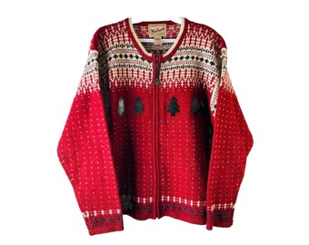 90s Woolrich Womens Medium Wool Fair Isle Trees Knit Cardigan Sweater, Woolrich Womens Cardigan Sweater, Vintage Fair Isle Sweater