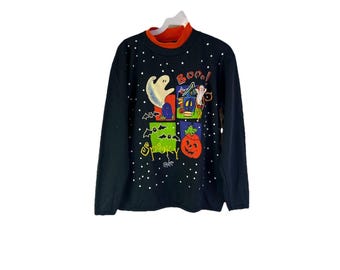 90-tals liten Halloween-tröja med dubbel krage som lyser i mörkret, vintage Halloween-tröja, Halloweentröja för kvinnor