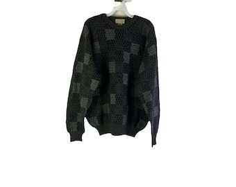 90s Mens Large Wool Geometric Patchwork Knit Sweater Dad Streetwear, Mens Knit Sweater, Vintage Wool Sweater, Streetwear Sweater