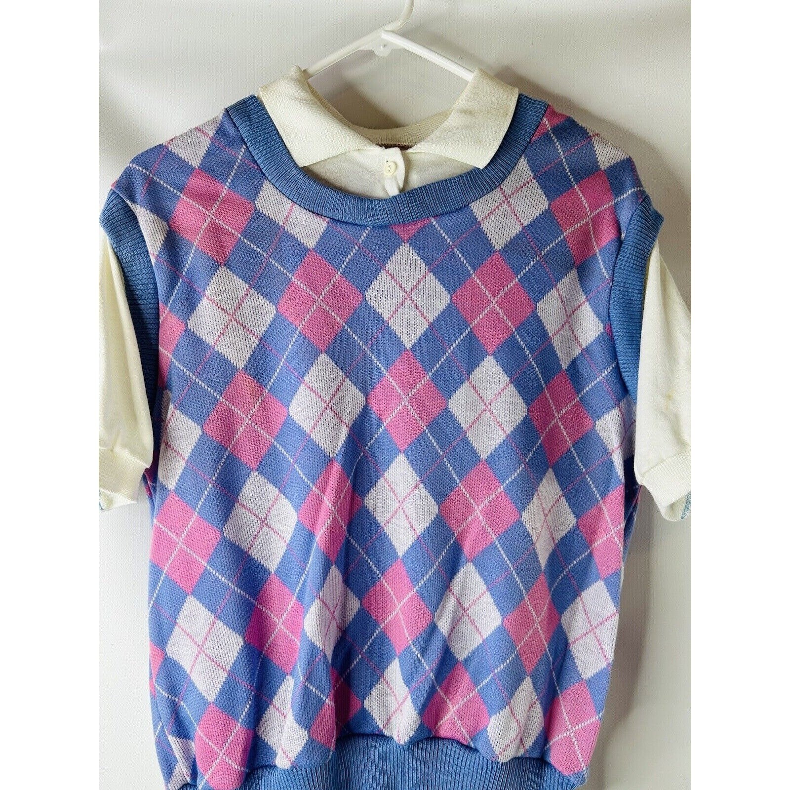 80s Womens Large Diamond Argyle Knit Polo Rugby Shirt Preppy
