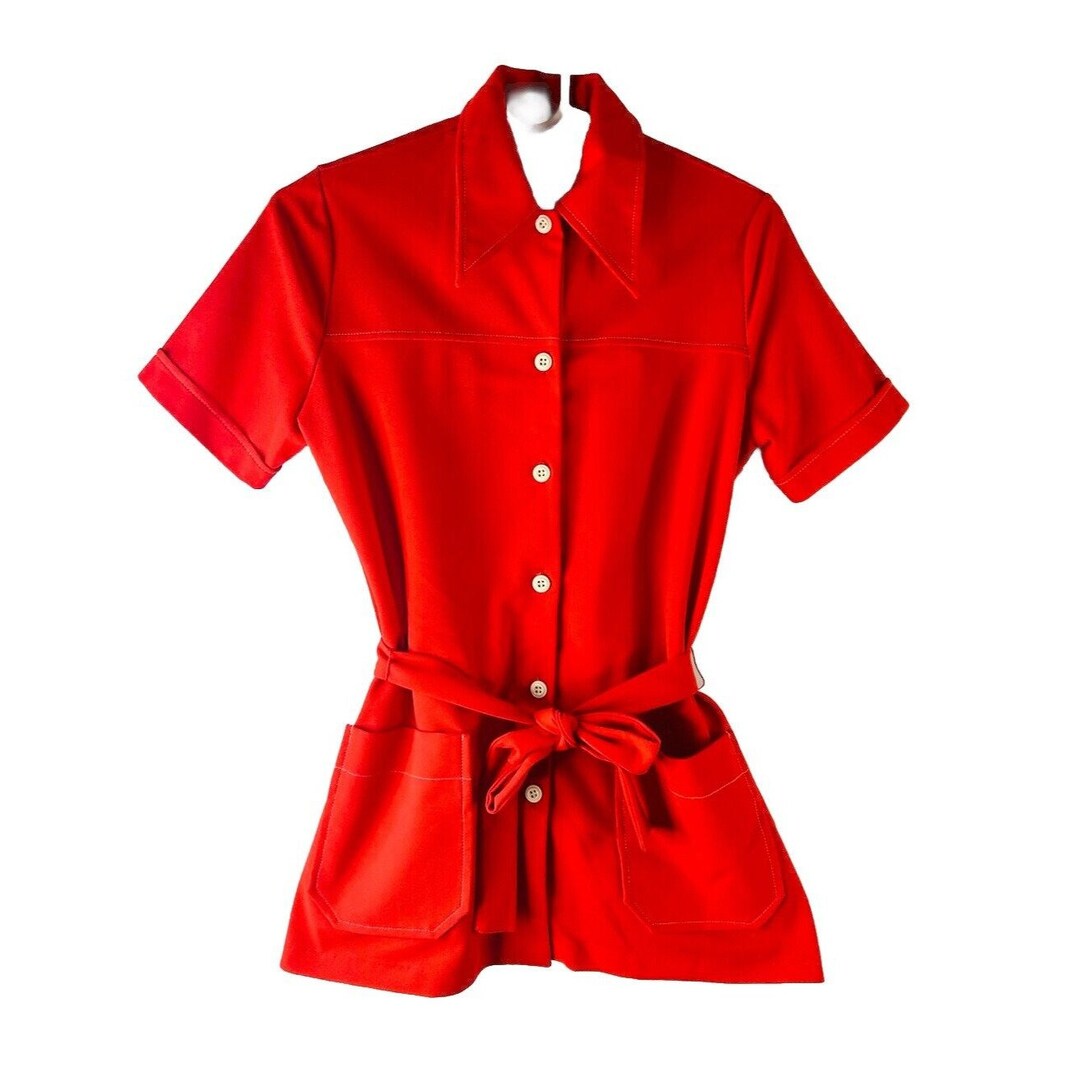 70s Womens 12 Large Pointed Collar Belted Knit Button Shirt Blouse ...