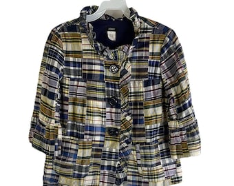 90s J. Crew Madras Plaid Ruffled Blazer, Preppy Jacket