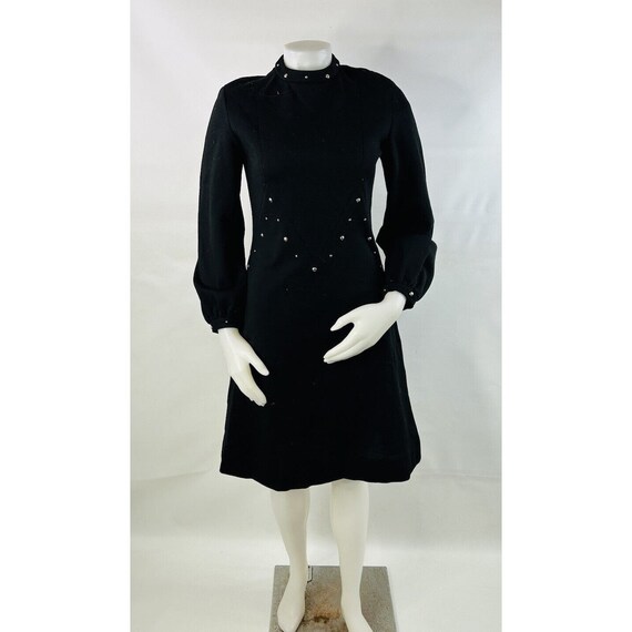 70s Bishop Puff Sleeve Studded Disco Dress Black … - image 3