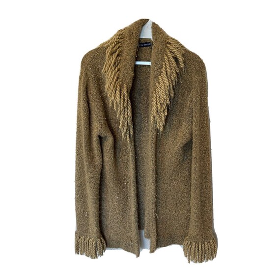 Y2K Womens Large Shag Fringe Collar Open Cardigan Sweater Brown