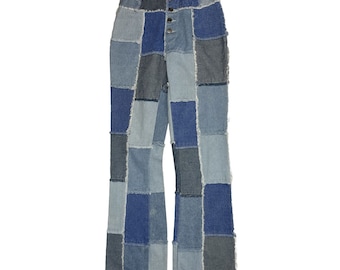 Y2K Damen 3/4 Knopfleiste Patchwork High Rise Flare Denim Blue Jeans, Y2K Zana-Di Jeans, Vintage Patchwork Jeans, Damen Flare Jeans