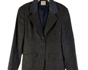 80s Equestrian Womens 10 Wool Tweed Leather Collar Blazer Jacket, Womens Wool Blazer, Vintage Leather collar Jacket, Old Money Blazer