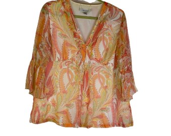 Y2K Fairy Shirt Top Womens Large Petite Silk Rainbow Paisley Bell Sleeve, Womens Silk Blouse, Vintage Paisley Shirt, Fairy Top