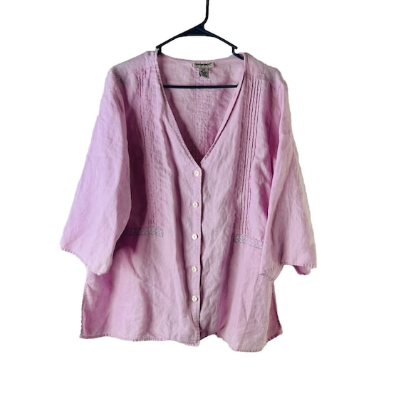 90s Womens 2XLP Gauzy Linen V Neck Button Shirt Pu