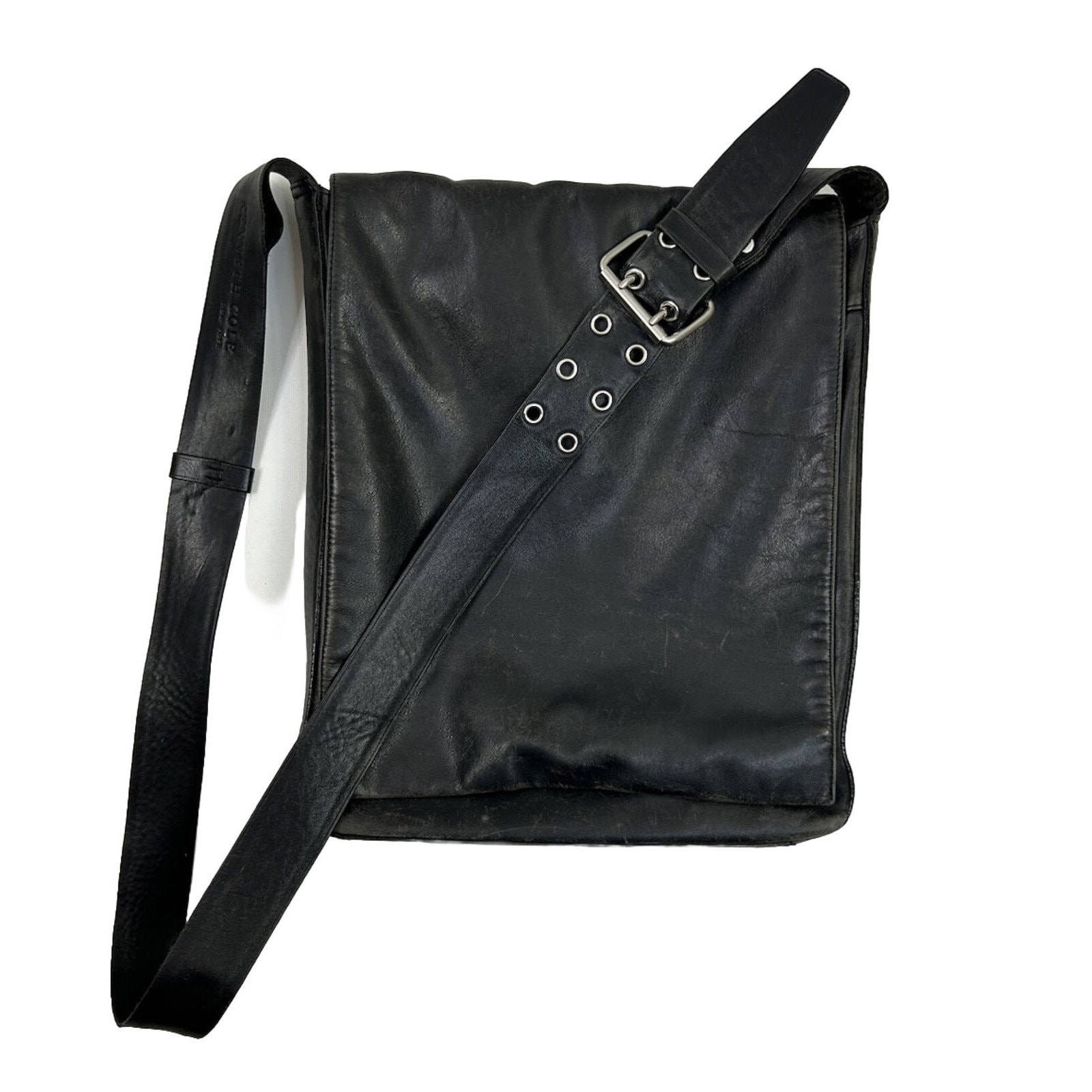 Y2K Punk Goth Black Genuine Leather Distressed Crossbody Messenger 