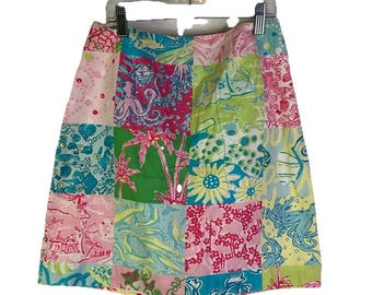Gonna corta patchwork arcobaleno Lilly Pulitzer anni '90 da donna, gonna vintage Lilly Pulitzer, gonna patchwork da donna, gonna resort