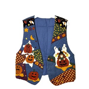 90s Halloween Vest Handmade Patchwork Ghosts Pumpkin Witch One Size, Womens Patchwork Vest, Vintage Halloween Vest
