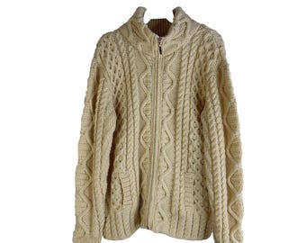 90s Mens Medium Irish Merino Wool Fisherman Cable Knit Cardigan Sweater, Mens Knit Sweater, Vintage Wool Fisherman Sweater, Chunky Sweater
