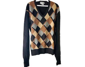 80s Mens Large Lambswool Argyle Knit Sweater Preppy Academia Golf, Mens Knit Sweater, Vintage Argyle Sweater, Lambswool Sweater