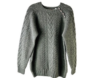 90s Womens Small Wool Chunky Cable Knit Oversized Crewneck Sweater Gray, Womens Chunky Wool Sweater, Vintage Cable Knit Sweater