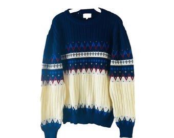 80s Mens Large Fair Isle Color Block Knit Crewneck Sweater Preppy Dapper, Mens Knit Sweater, Vintage Fair Isle Sweater, 1980s Sweater