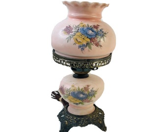 70s Pink Milk Glass Hand Painted Country Floral Hurricane Lamp, Vintage Hurricane Lamp, Cottagecore Floral Lamp, Handpainted Milk Glass Lamp