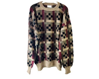90er Jahre Herren Große Handgefertigte Alpaka Wolle Geometrische Strickpullover Streetwear, Herren Strickpullover, Vintage Herren Alpaka Pullover, Coogi Style Pullover
