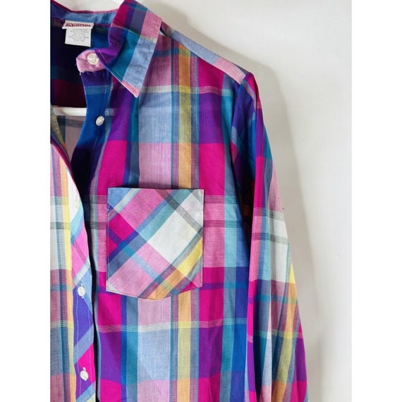 VTG 80s Womens Medium Rainbow Plaid Baggy Button … - image 3