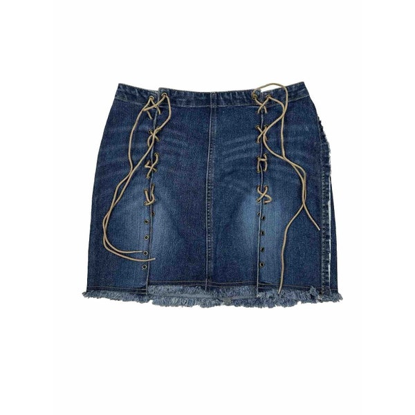 Y2K Womens 2 Lace Up Raw Hem Denim Jean Mini Skirt Streetwear, Vintage Mini Skirt, Womens Jean Skirt, Y2K Lace Up Skirt, Womens Skirt