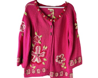 90s Womens XL Pink Floral All Over Knit Cardigan Sweater, Barbiecore Pink Cardigan Sweater, Womens Knit Sweater, Streetwear Cardigan