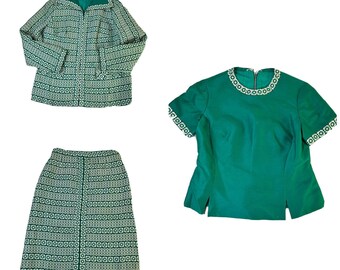 Conjunto de terno de saia pequena de 3 peças feminino dos anos 40, jaqueta geométrica, blusa verde, terno feminino de tempo de guerra, terno de saia de brocado vintage, terno dos anos 40