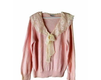 80s Womens Large Frilly Lace Pussybow Collar Knit Sweater, Womens Knit Sweater, Vintage Pussybow Sweater, Frilly Lace Sweater, Sweater