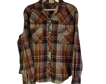 70s Womens Medium Pearl Snap Plaid Pocket Button Shirt Western Country, Womens Western Shirt, Vintage Pearl Snap Button Shirt, Plaid Shirt