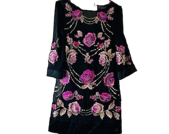 Y2K Womens 12 Sheer Silk Floral besticktes verziertes Kleid Romantisches, Damen Seidenkleid, Vintage Sheer Dress, Floral besticktes Kleid