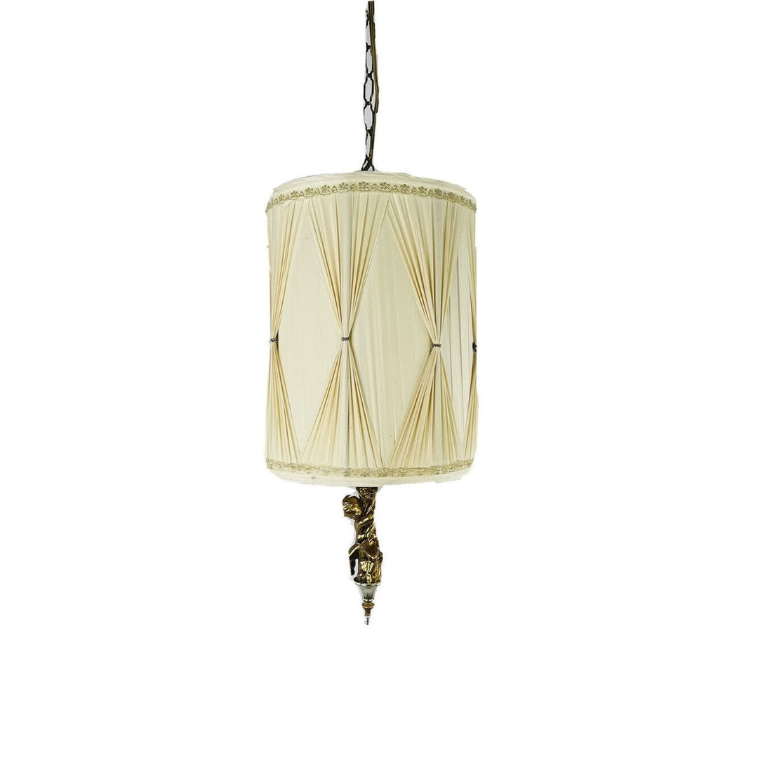 60s Regency Brass Cherub Angel Hanging Swag Lamp Light Satin
