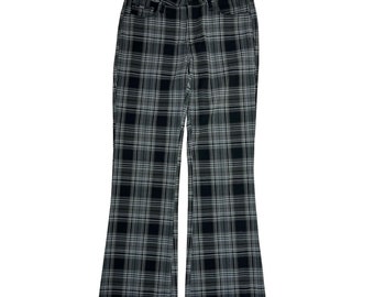 Y2K Womens Medium Punk Plaid Mid Rise Flare Pants Black Grunge Goth, Womens Punk Plaid Pants, Vintage Flare Pants, Y2K Womens Pants