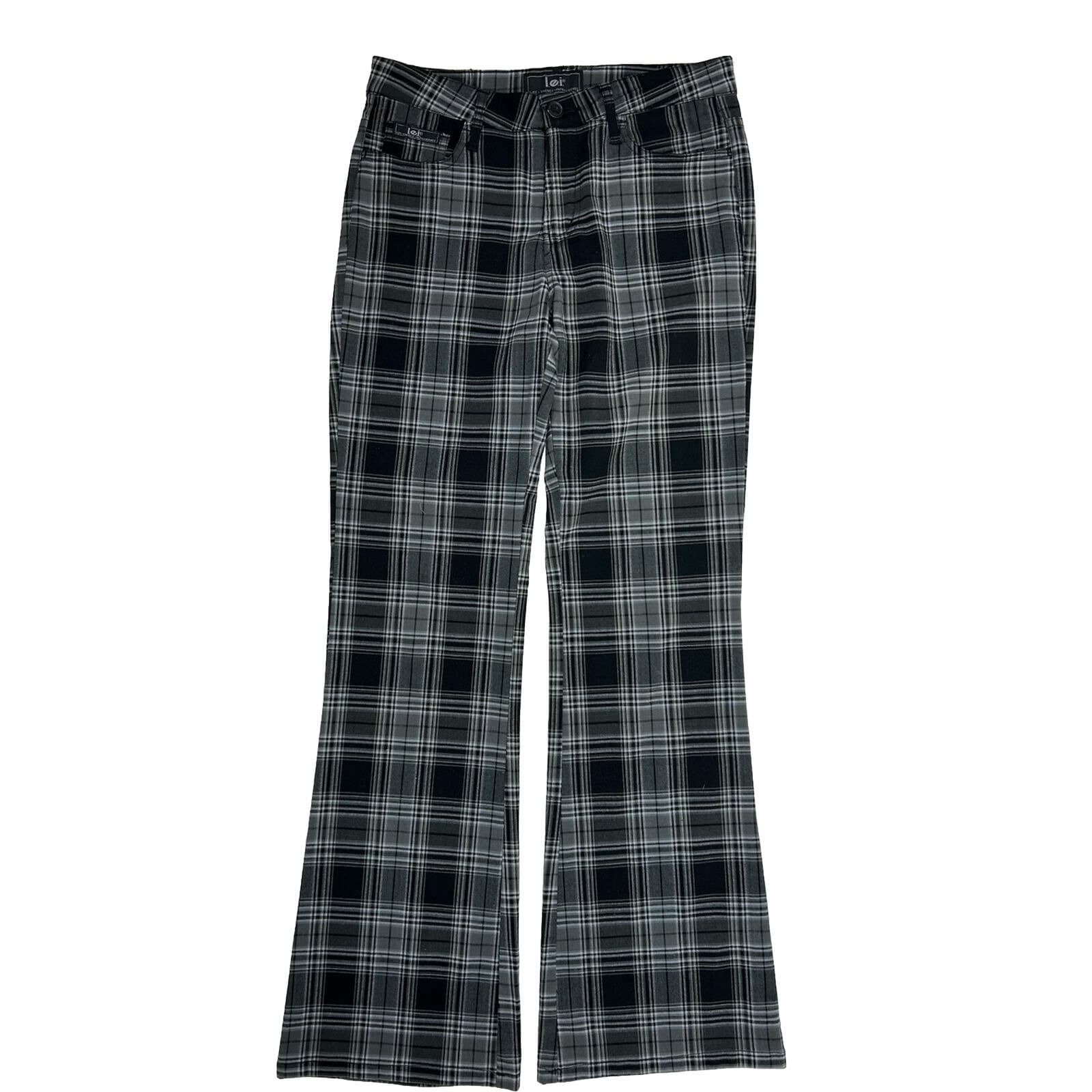 Y2K mujeres medio punk plaid mid rise flare pantalones negro grunge goth, pantalones punk a cuadros de mujer, pantalones de bengala vintage, pantalone