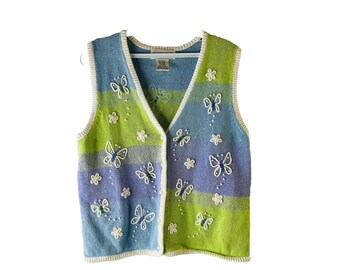 Maglione gilet color block decorato con piccole farfalle da donna anni '90, maglione cardigan lavorato a maglia da donna, maglione vintage con farfalle, maglione da fata