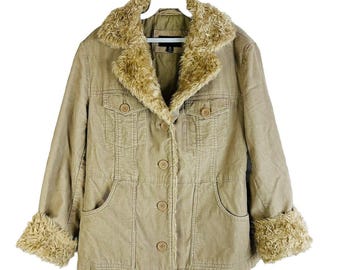 May include: A tan corduroy jacket with a faux fur collar and cuffs. The jacket has a button closure and two front pockets.