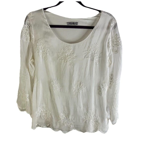 Y2K Womens Medium Silk Floral Embroidered Flowy Top Shirt Boho Fairy, Womens Silk Blouse, Vintage Flowy Top, Fairy Top