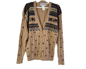 90er Jahre Streetwear Cardigan Pullover Damen XL Handgestrickt Floral , Damen Handstrickpullover, Vintage Floral Cardigan Pullover, Pullover