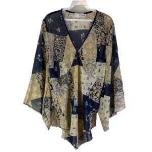 90年代 レディース 2XL シアー パッチワーク ベルスリーブ ポンチョシャツ フェアリー アース、レディース パッチワークシャツ、ヴィンテージ ベビードール トップ、ポンチョシャツ