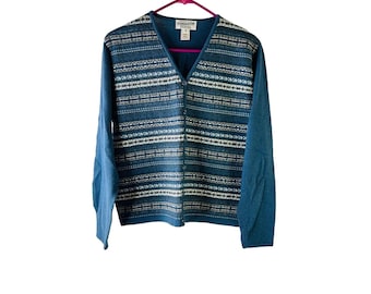 90s Womens Medium Merino Wool Fair Isle Knit Lightweight Cardigan Sweater, Pendleton Womens Cardigan Sweater, Merino Wool Sweater