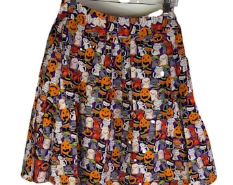 Falda de los 90 hecha a mano con estampado de gatitos y calabazas de Halloween para mujer, talla pequeña, estilo caprichoso, falda vintage hecha a mano, falda de Halloween, falda para mujer