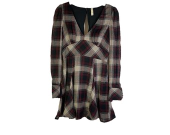 Y2K Free People Grunge Mini Kleid Damen 0 Kariert Baby Doll Langarm, Damen Mini Kleid, Vintage Free People Kleid, Baby Doll Kleid