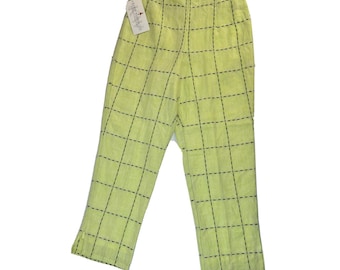 NOS 90s Mujeres 2 Gauzy lino a cuadros pantalones de tobillo recortados USA Coastal Artsy, pantalones de lino para mujer, pantalones recortados a cuadros vintage, pantalones costeros