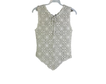 Y2K Womens Small White Crochet Knit Lace Up Tank Shirt Boho Fairy, Womens Crochet Knit Shirt, Vintage Milkmaid Shirt, Y2K Tank Top
